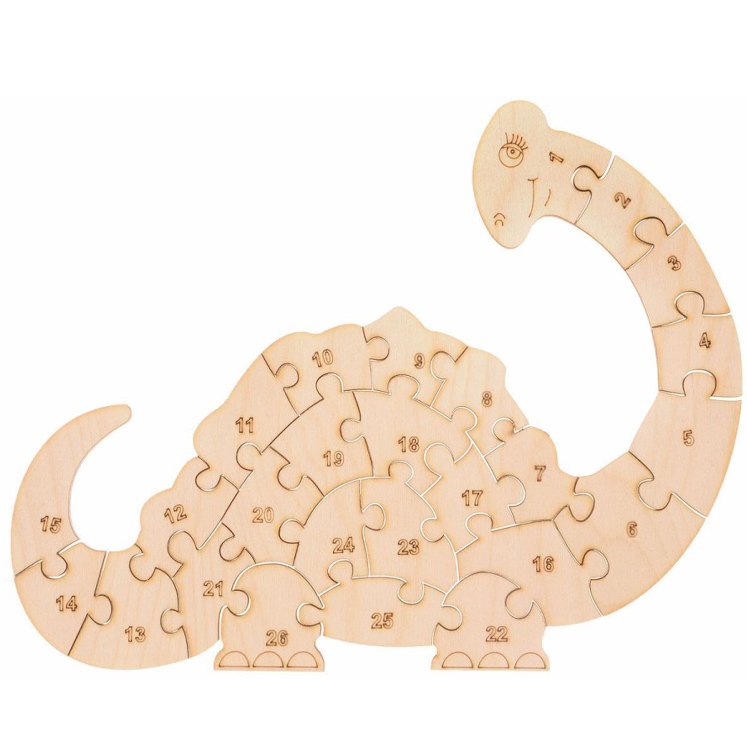 Puzzle en bois découpé au laser en forme de dinosaure, avec pièces précises et finition nette.