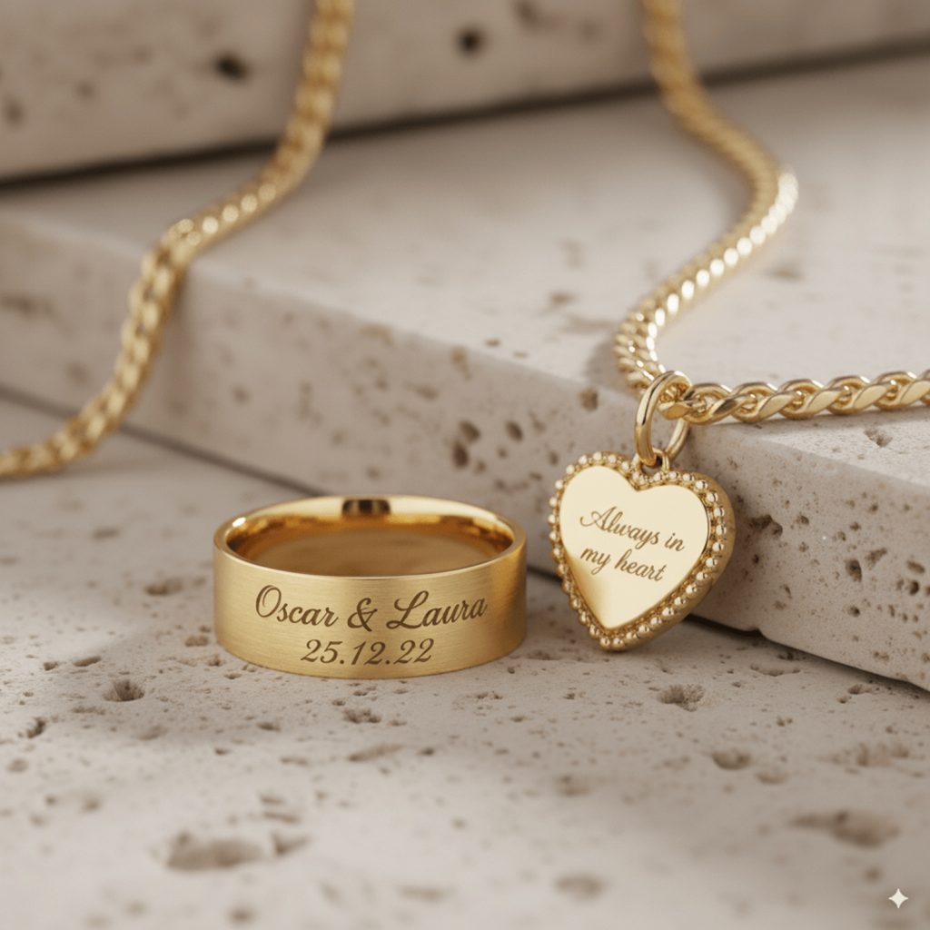 Personnalisation d'une alliance et d'un collier par gravure laser fibre